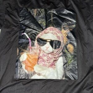 Black T-Shirt with Cat and Dinosaur Print